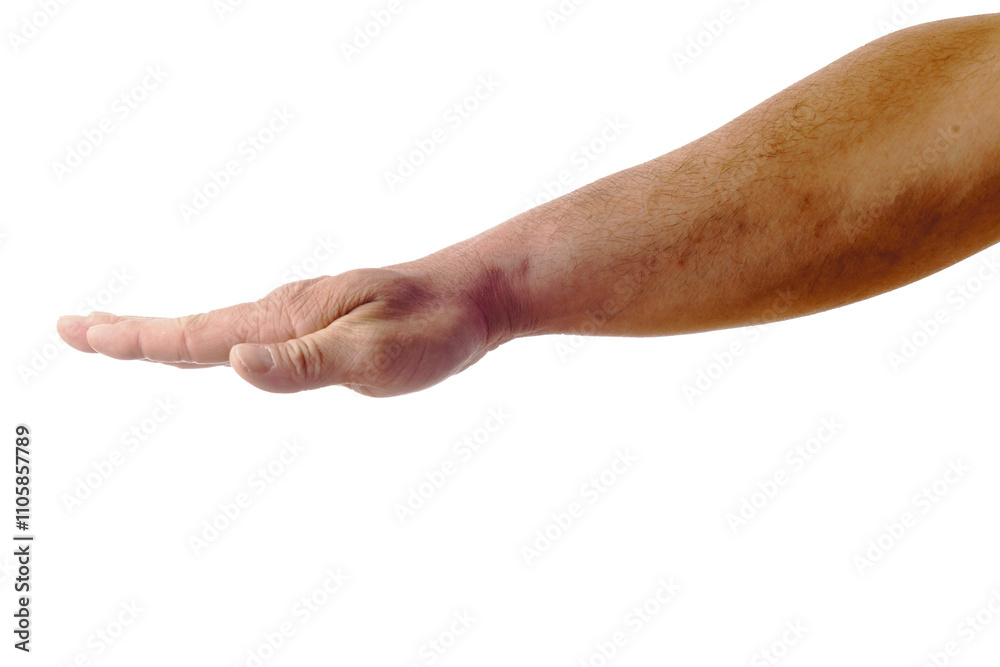 Adult male hand showing gesture holding down isolated on white