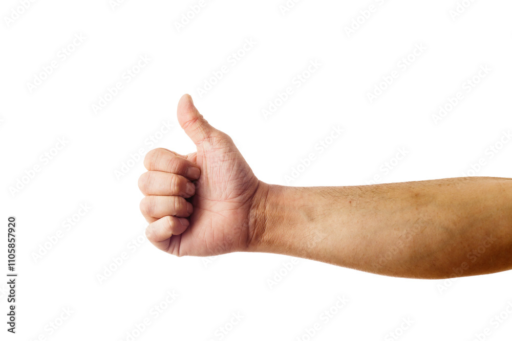 Adult male hand showing thumbs up gesture isolated on white