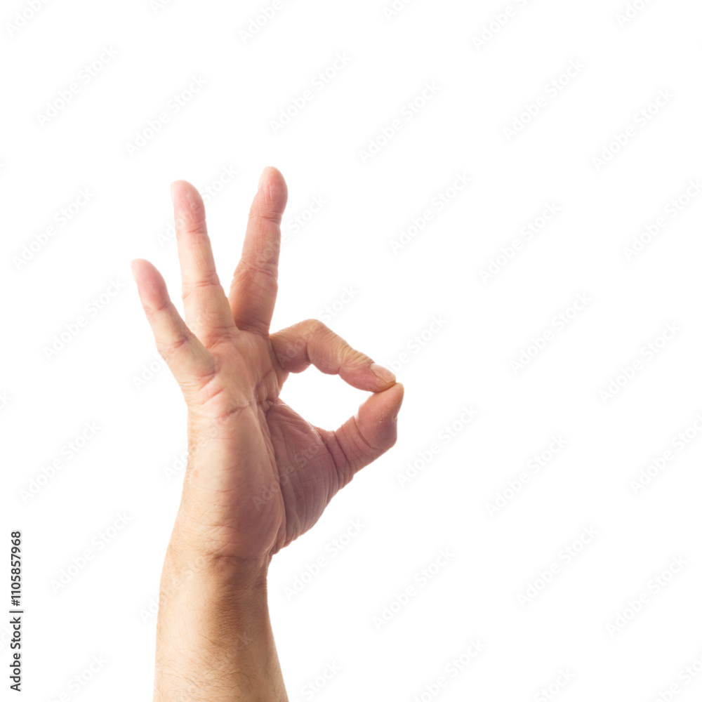 Adult male hand showing okay gesture isolated on white