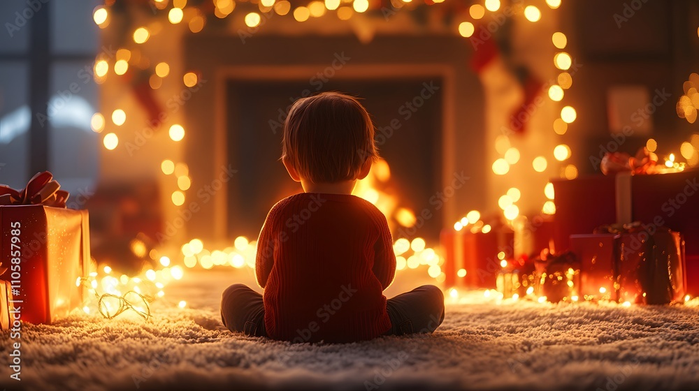 A toddler sitting on a plush rug in front of the fireplace, surrounded by wrapped presents and glowing fairy lights. 4k resolution, Cinematic Scene A toddler sitting on a plush rug in front of the fireplace, surrounded by wrapped presents and glowing fairy lights. 4k resolution, Cinematic Scene