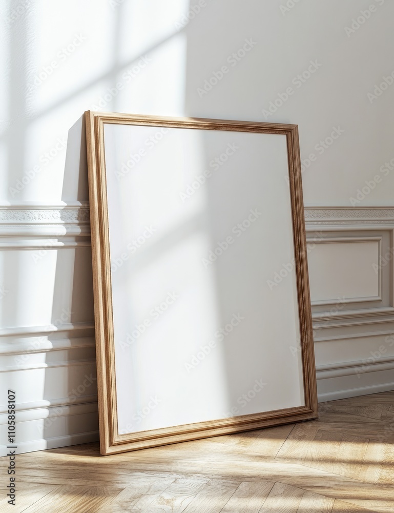 Blank Wooden Frame Mockup on Parquet Floor, Leaning Against Empty White Wall, Minimalistic Background Blank Wooden Frame Mockup on Parquet Floor, Leaning Against Empty White Wall, Minimalistic Background