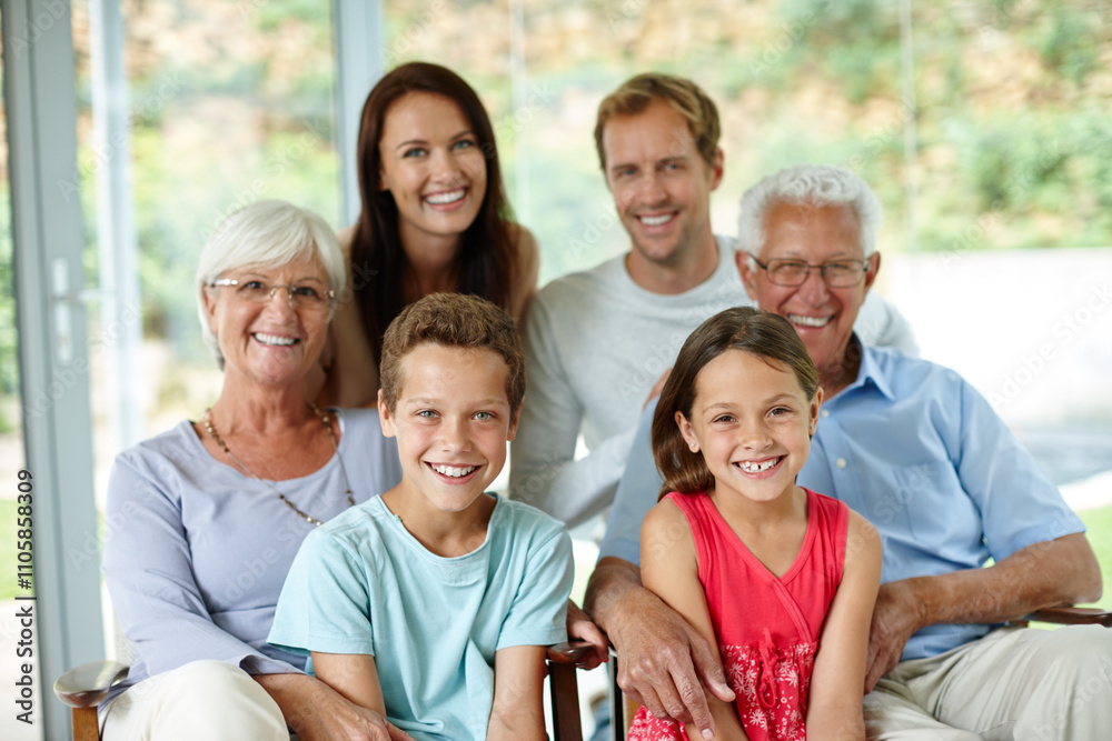 Obraz premium Home, grandparents and parents with children in portrait, bonding together and embrace hug with smile. Family generation, men and women with kids for relax, love and connection with trust in house