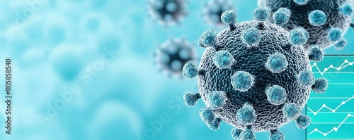 A digital illustration depicting virus structures in a blue background, highlighting microscopic details and data graphs related to infection trends. photo