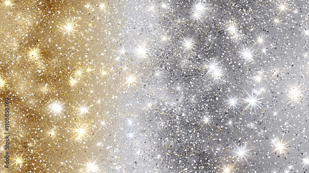 Obraz premium Gold and Silver Glitter Background Texture - Sparkling Holiday Shine with Glittering Stars for Festive Designs, Invitations, and Party Decor
