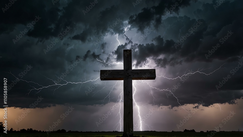 Naklejka premium Cross lit by lightning in a stormy sky, symbolizing faith.