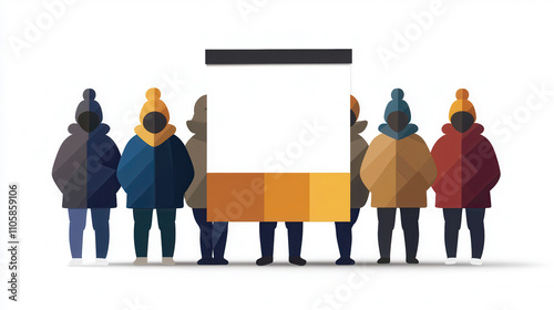 A group of stylized figures wearing winter attire stands together, with a blank rectangular space in the center, suggesting potential for customization or messaging.