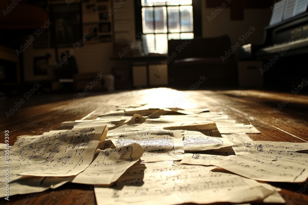 Sunlight illuminates scattered sheet music on a wooden floor in a music room Sunlight illuminates scattered sheet music on a wooden floor in a music room
