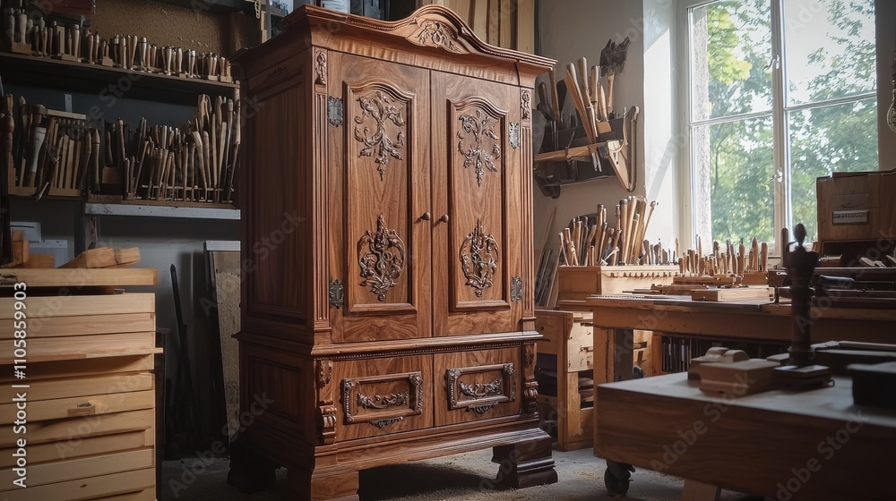Finely Crafted Wooden Cabinet Showcased in Artisan Workshop Surrounded by Handcrafted Tools Finely Crafted Wooden Cabinet Showcased in Artisan Workshop Surrounded by Handcrafted Tools