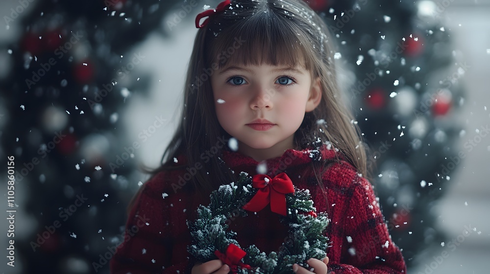 A candid portrait of a child holding a tiny Christmas wreath, with snowflakes gently falling around them. 4k resolution, Cinematic Scene A candid portrait of a child holding a tiny Christmas wreath, with snowflakes gently falling around them. 4k resolution, Cinematic Scene