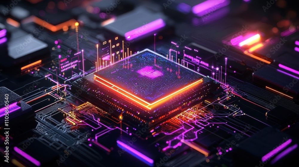 Futuristic Microchip with Neon Lights in High-Tech Environment Futuristic Microchip with Neon Lights in High-Tech Environment