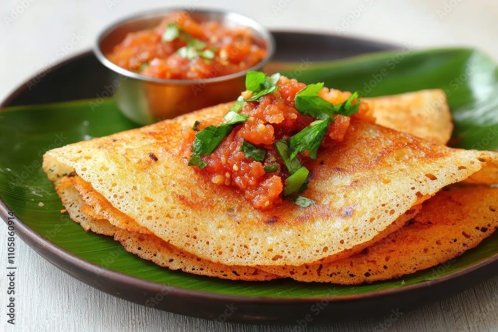 Delicious Indian Dosa with Spicy Tomato Chutney and Fresh Herbs