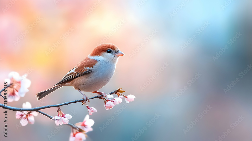 A robin and sparrow perched on tree branches in a natural garden setting A robin and sparrow perched on tree branches in a natural garden setting