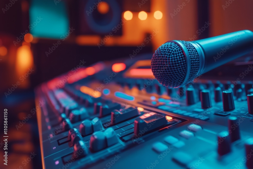 Professional microphone positioned above a mixing console, ready for a recording session in a music studio Professional microphone positioned above a mixing console, ready for a recording session in a music studio