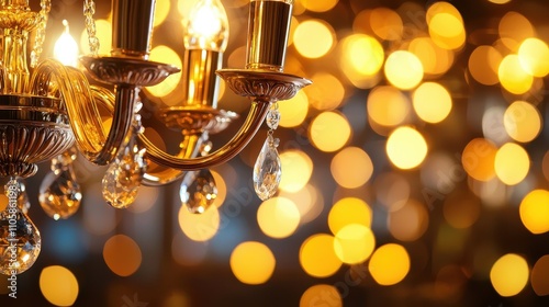 Elegant chandelier with sparkling crystals and warm glowing lights