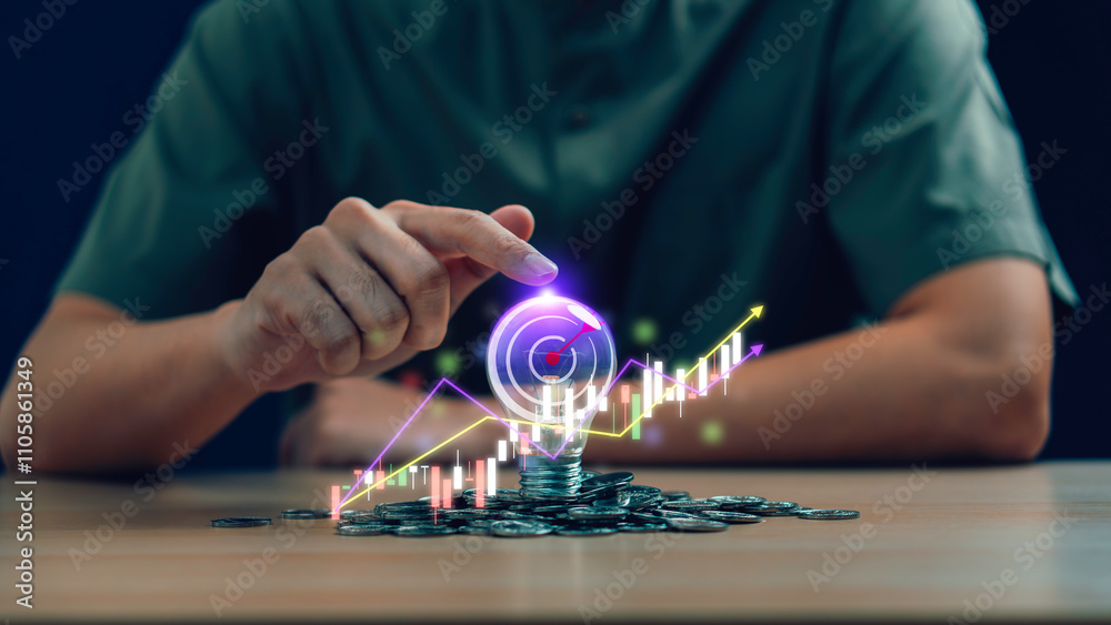 person touch a bright light bulb. Concept of Ideas, Idea innovation and inspiration, Action plan target the business, Stock funding graph. ideas and design for financial investment.