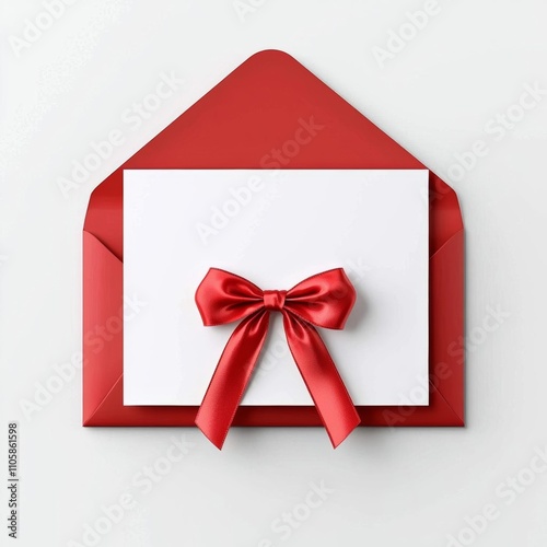 a photostock of a  Blank white gift card with red ribbon bow or gift voucher in open red envelope isolated on white grey background with shadow minimal concept 3D rendering