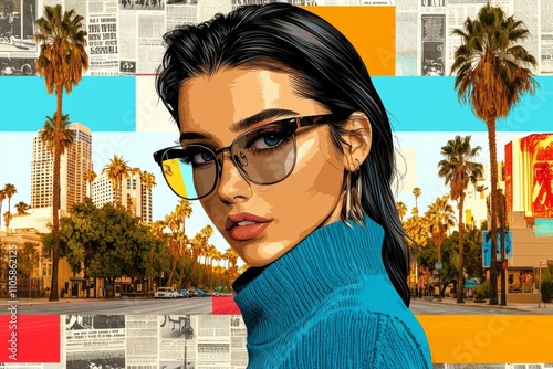 a photostock of a  Collage of girl in retro style with hairstyle, glasses and palm trees on old newspaper background