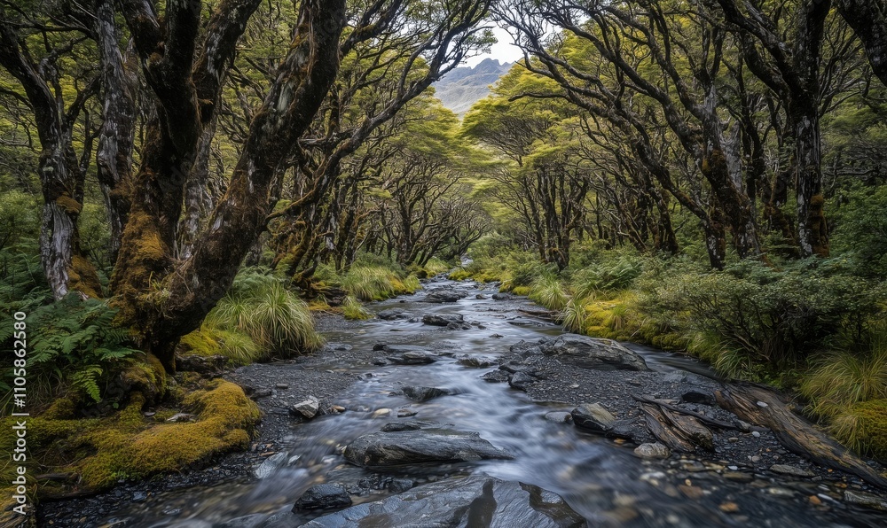 Serene forest stream with mossy trees, flowing water, lush greenery, and rocky riverbed Serene forest stream with mossy trees, flowing water, lush greenery, and rocky riverbed