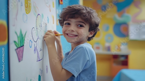 A boy drawing on a whiteboard in the playroom of the pediatric ward, creating a colorful picture while smiling shyly. 4k resolution, Cinematic Scene photo