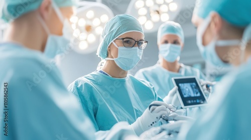 A group of surgeons collaborate in a modern operating room, demonstrating precision and teamwork during a surgical procedure.
