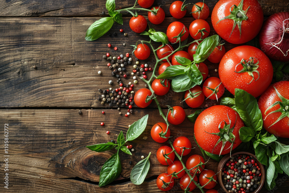 variety of tomatoes, herbs and peppers arranged on a dark wooden surface variety of tomatoes, herbs and peppers arranged on a dark wooden surface