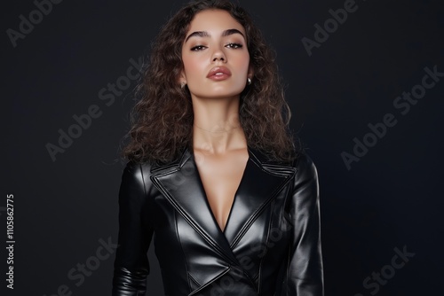 A woman in a black leather jacket and a necklace. She has a nice smile on her face