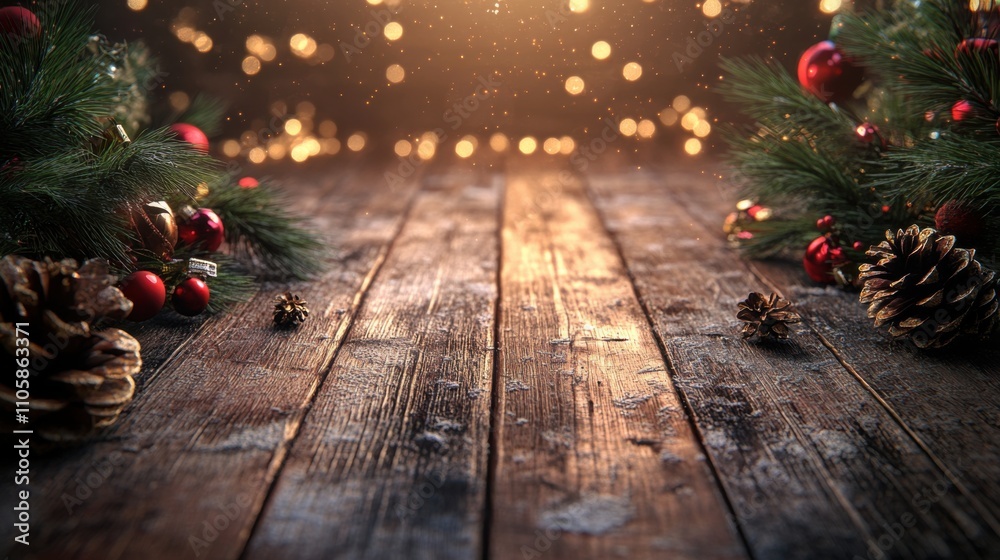 A serene wooden table adorned with festive pine branches, ornaments, and pine cones, illuminated by soft, glowing lights, creating a warm holiday ambiance. A serene wooden table adorned with festive pine branches, ornaments, and pine cones, illuminated by soft, glowing lights, creating a warm holiday ambiance.