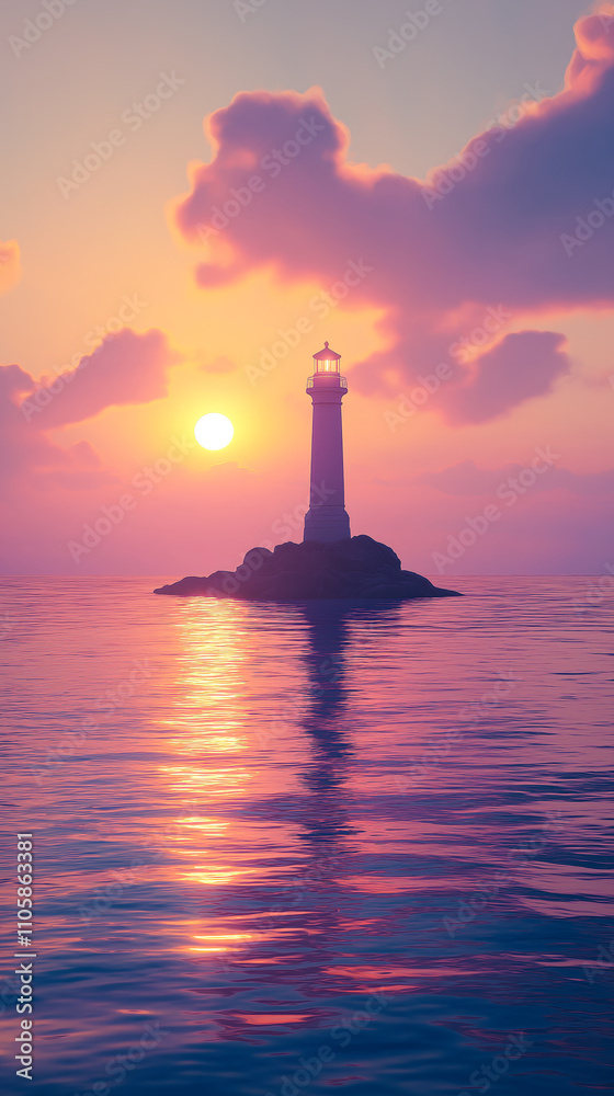 A tranquil scene of a lighthouse standing on a rocky island as the sun sets, reflecting vibrant colors on the calm sea. Perfect for relaxation and inspiration. A tranquil scene of a lighthouse standing on a rocky island as the sun sets, reflecting vibrant colors on the calm sea. Perfect for relaxation and inspiration.