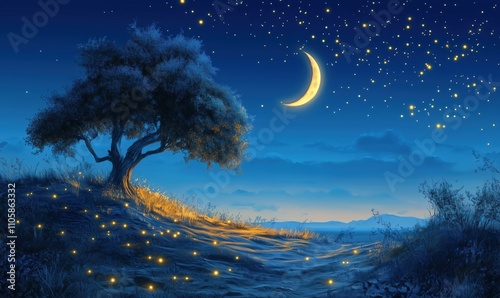 Moonlit landscape with glowing fireflies, tree silhouette, starry night sky, serene atmosphere, gentle hills, tranquil scene