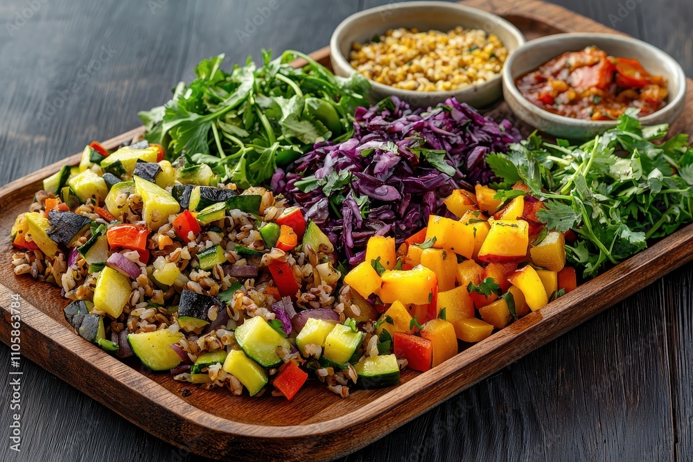 Colorful Vegetable Platter with Fresh Greens and Tasty Dips
