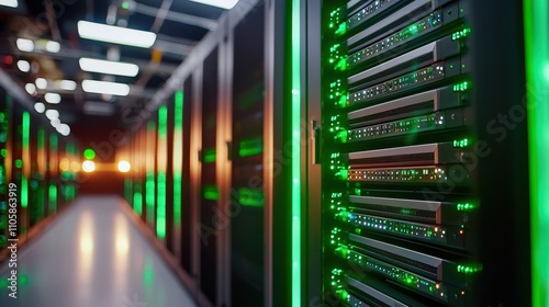 Server Room with Illuminated Racks and Modern Technology Devices