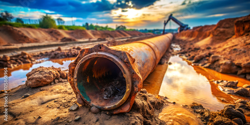 Muddy construction site with an abandoned rusty pipe
