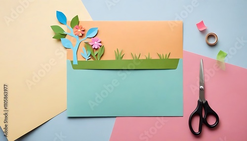 Simple yet creative paper art design featuring greeting card and scissors.