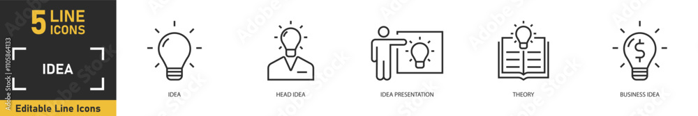 Idea line icon set. Set of 5 outline icons related to idea, head idea, presentation, theory, business idea and more. Vector illustration. Idea line icon set. Set of 5 outline icons related to idea, head idea, presentation, theory, business idea and more. Vector illustration.