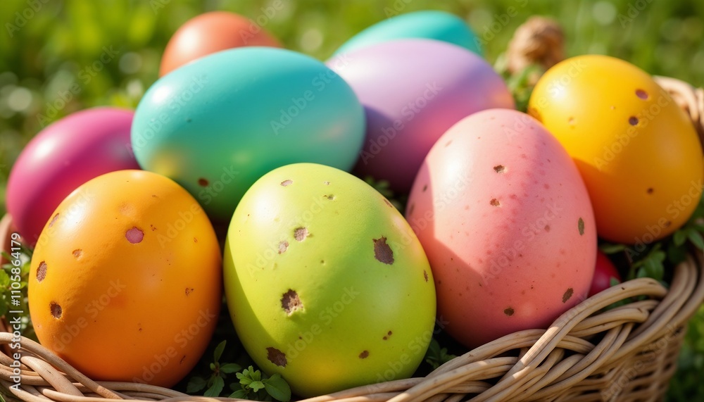 Colorful Easter eggs in a wicker basket on a grassy background in a cheerful setting Colorful Easter eggs in a wicker basket on a grassy background in a cheerful setting