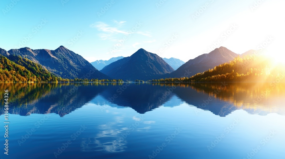 Naklejka premium Serene Landscape of Mountain Reflections in Clear Blue Lake