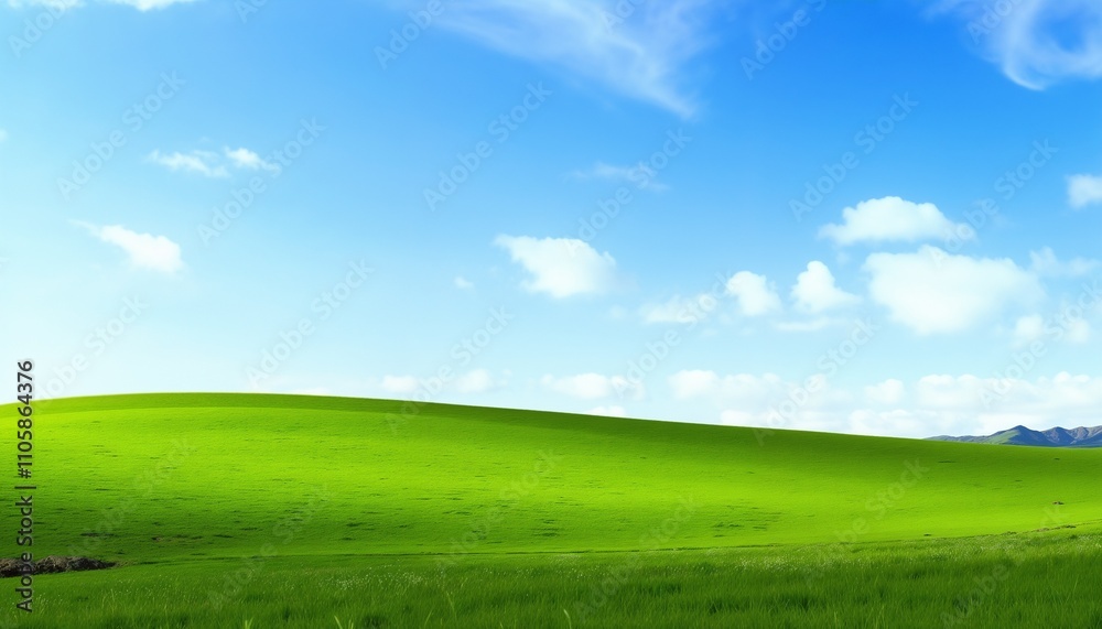 Vibrant green hills under a clear blue sky with fluffy clouds in a serene landscape Vibrant green hills under a clear blue sky with fluffy clouds in a serene landscape
