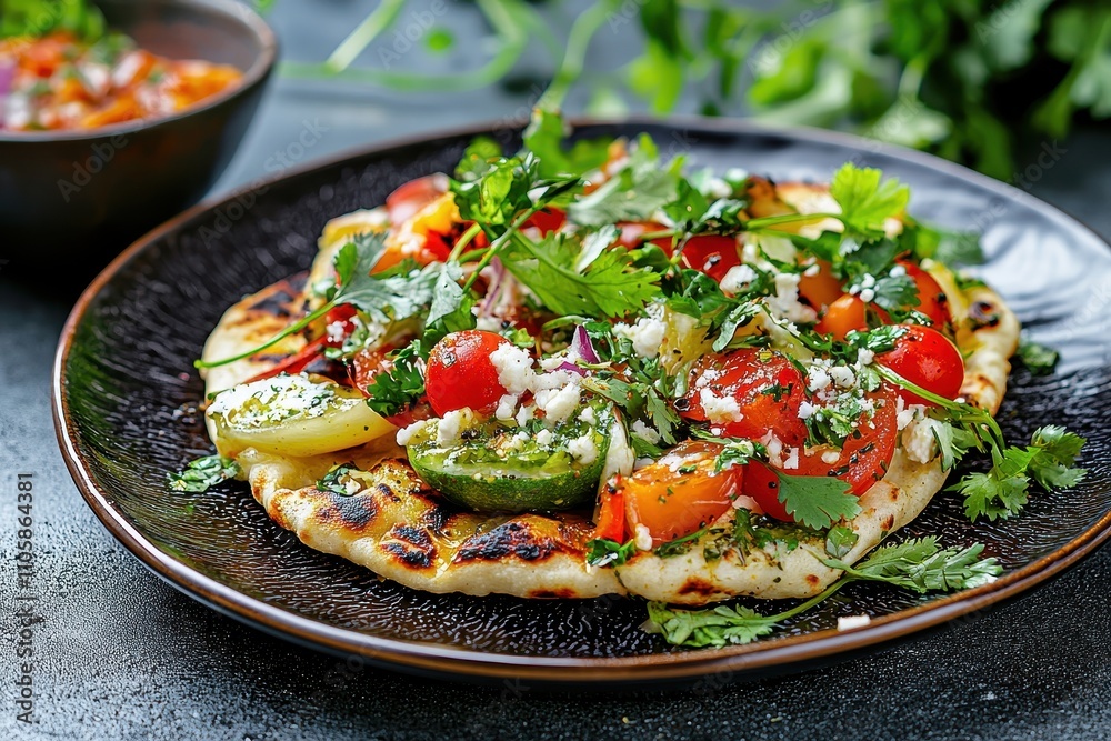 Freshly Grilled Pizza with Colorful Vegetables and Herbs Freshly Grilled Pizza with Colorful Vegetables and Herbs