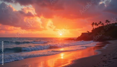 Stunning sunset over the ocean with waves lapping the shore and silhouetted palm trees