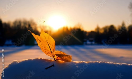 fallen leaves in thick snow in winter with a golden afternoon sunlight background