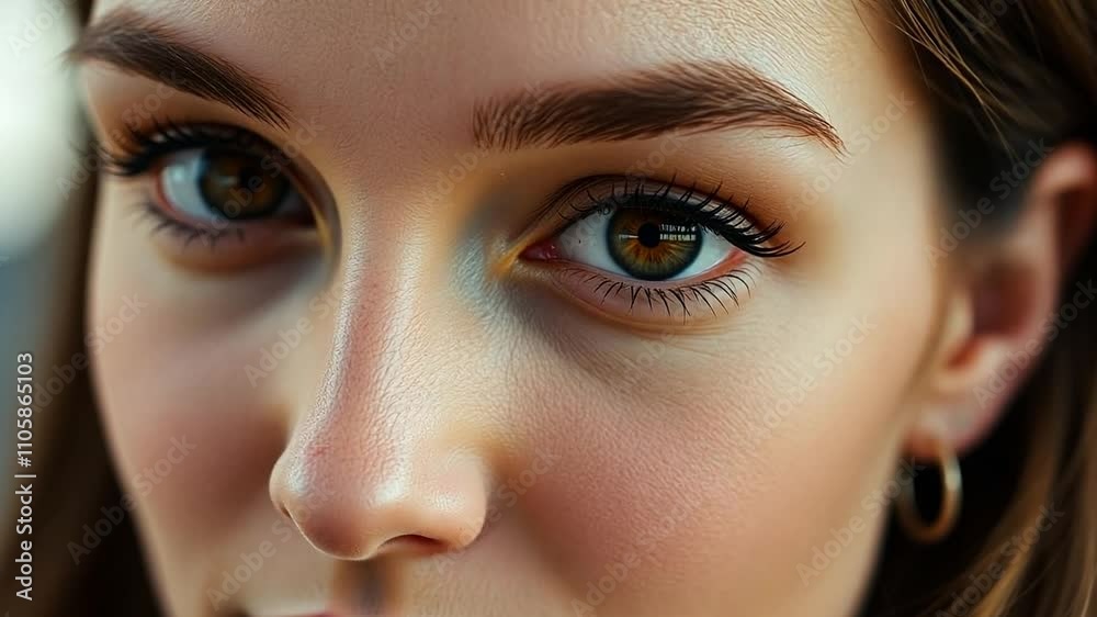 Closeup portrait of a young brunette woman with brown eyes blinking, and showing her eyeshadow makeup and eyelashes.
