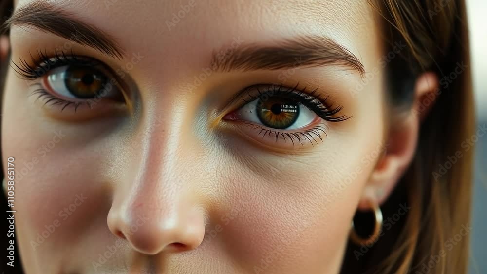 Closeup portrait of a young brunette woman with brown eyes blinking, camera slider dolly Closeup portrait of a young brunette woman with brown eyes blinking, camera slider dolly