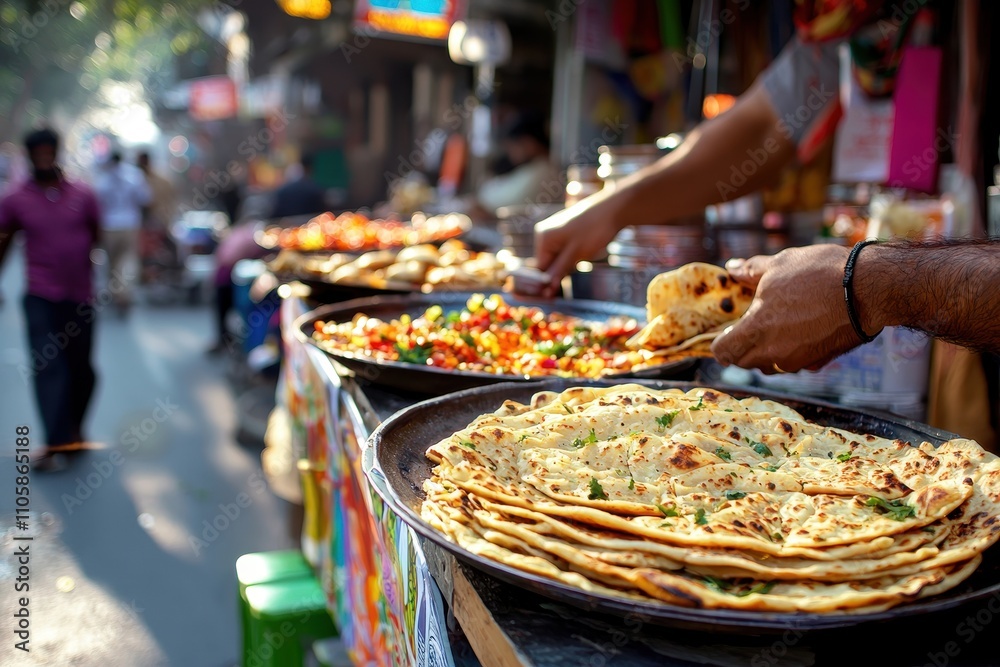 Fototapeta premium Freshly Made Indian Flatbread Served at Street Food Stall in India