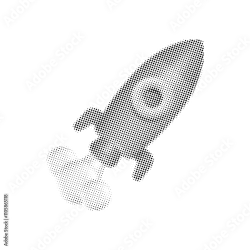 3d halftone rocket. Modern dotted collage element isolated on transparent background. Business startup concept. Creating ideas. Illustration with cut out newspaper elements