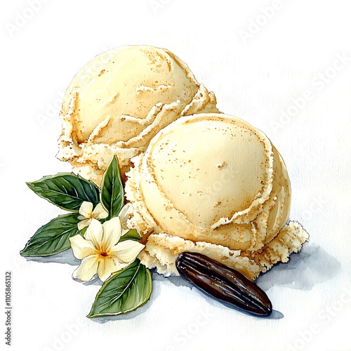 Two scoops of creamy vanilla bean ice cream with vanilla bean and gardenia flowers.