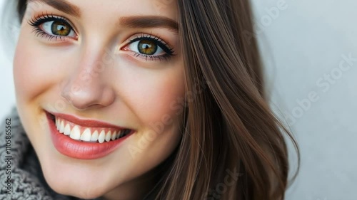 Closeup portrait of a young brunette woman with brown eyes smiling at the camera