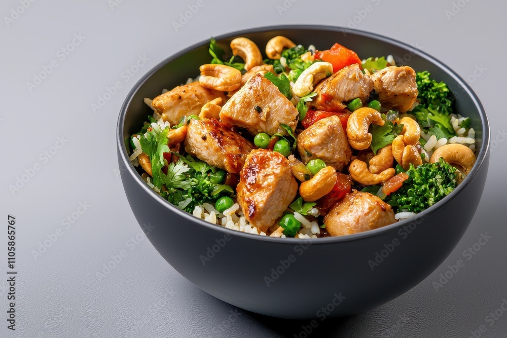 Delicious Chicken and Cashew Stir-Fry with Greens in Bowl Delicious Chicken and Cashew Stir-Fry with Greens in Bowl