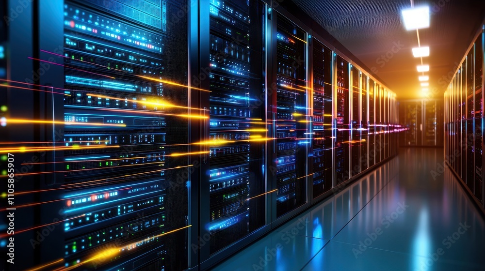 Futuristic Data Center Corridor with Light Trails and Server Racks Futuristic Data Center Corridor with Light Trails and Server Racks