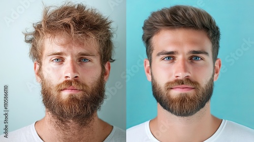 A side-by-side portrait of a young Caucasian man featuring two distinct looks, contrast of hair style, comparison