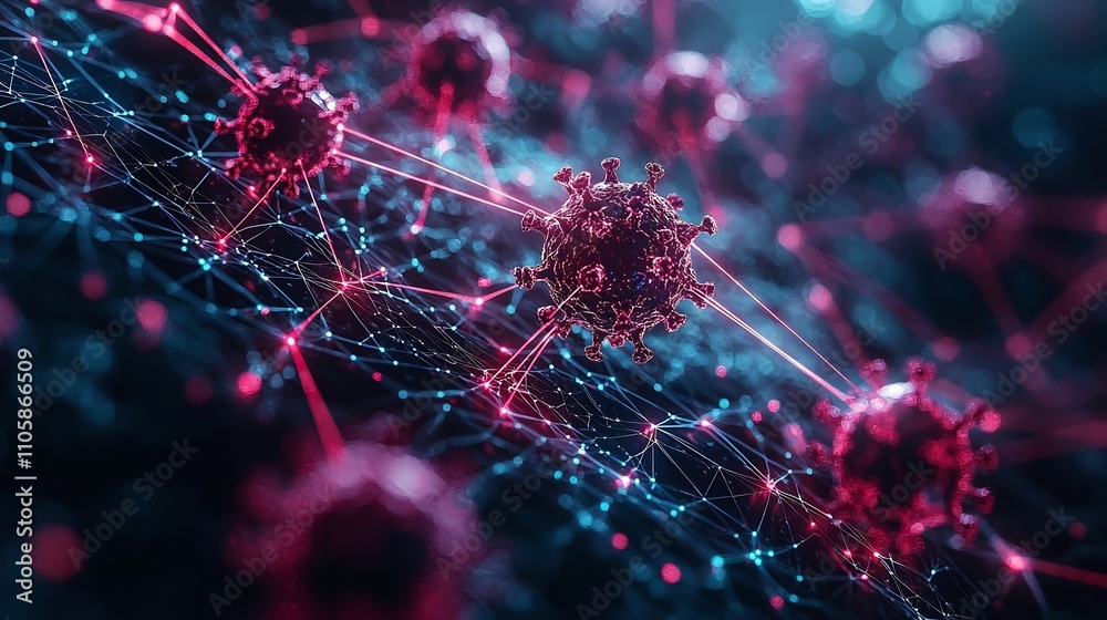 Viral Transmission Spreading Across a Digital Map with Glowing Red Connections Viral Transmission Spreading Across a Digital Map with Glowing Red Connections